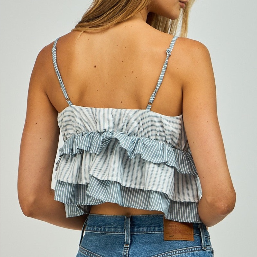 Sky Ruffle crop top Striped Sleeveless Layered tiered cami two tone casual - Picture 3 of 7